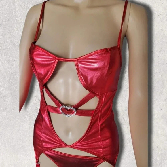 Red Cutout Strap Bling Heart Slip Costume Sexy Lingerie with Stocking Clips - Picture 2 of 5